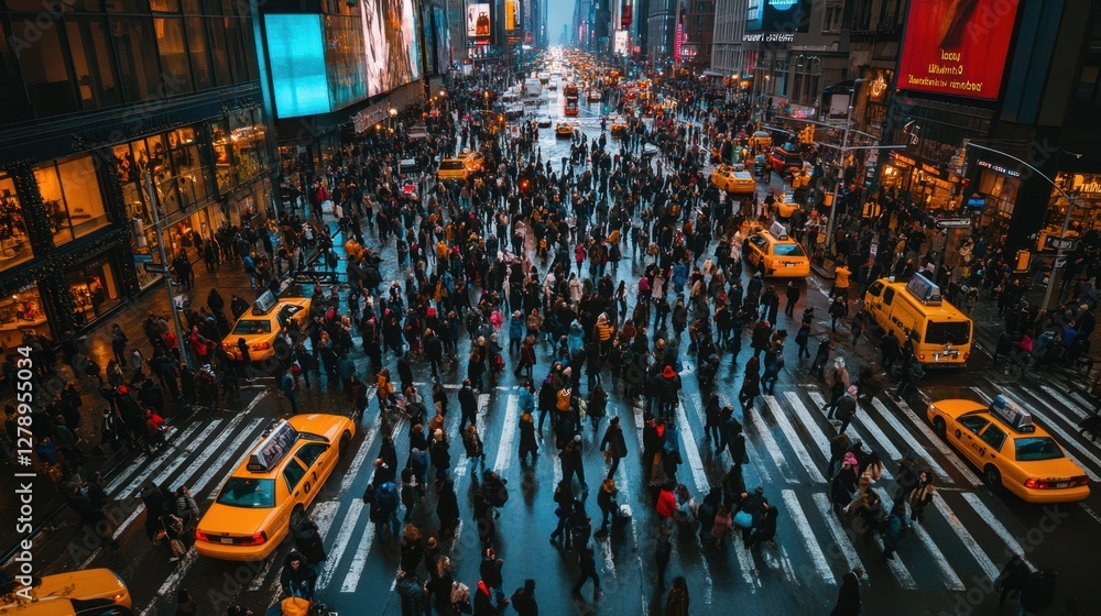Obraz premium Crowds of people stroll through a vibrant city street illuminated by night lights, showcasing the energy and busyness of urban life.
