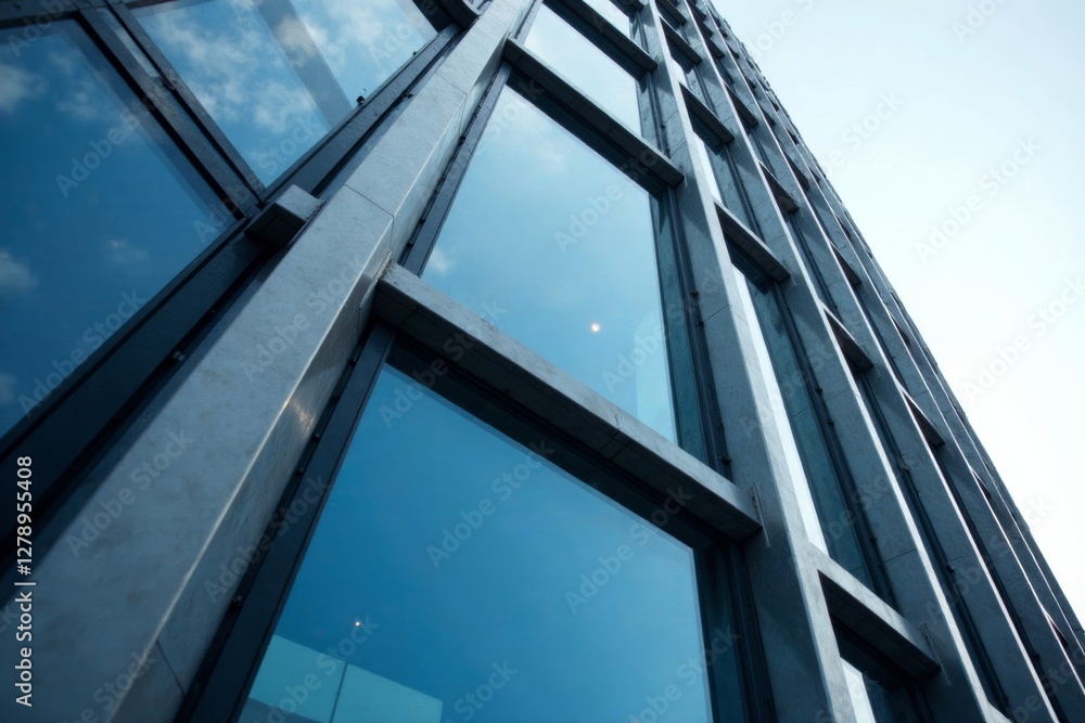 Modern skyscraper facade with steel beams and glass panels, modern design, steel