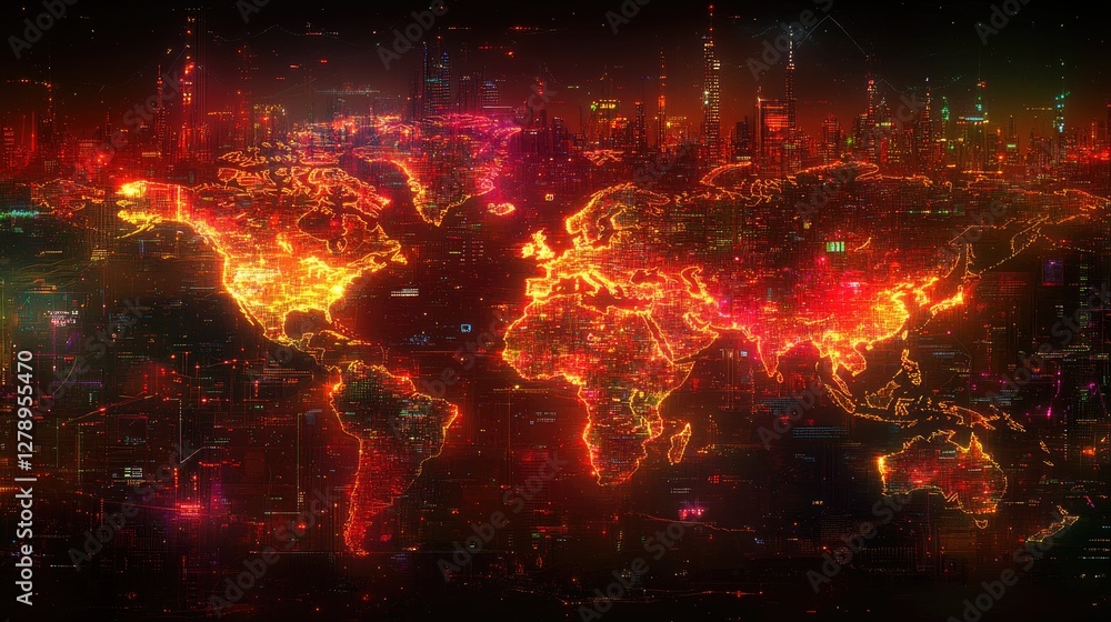 Naklejka premium Futuristic Digital World Map with Glowing Network Connections and Cityscape Overlay