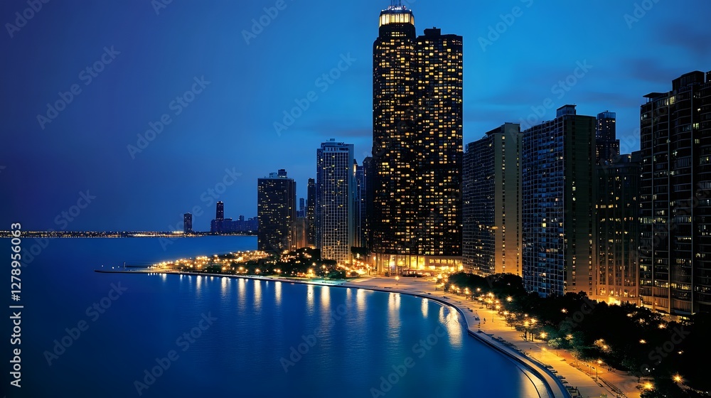 Obraz premium A panoramic view of the Chicago skyline at night 