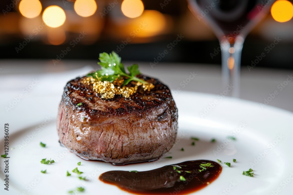 This striking image showcases a perfectly cooked steak topped with luxury gold flakes, highlighting sophisticated dining with a glass of rich red wine. This striking image showcases a perfectly cooked steak topped with luxury gold flakes, highlighting sophisticated dining with a glass of rich red wine.