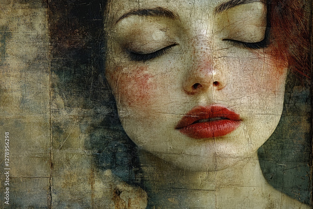 Close-Up Portrait of a Woman's Face with Closed Eyes on Textured Background, Evoking Serenity and Artistry Close-Up Portrait of a Woman's Face with Closed Eyes on Textured Background, Evoking Serenity and Artistry