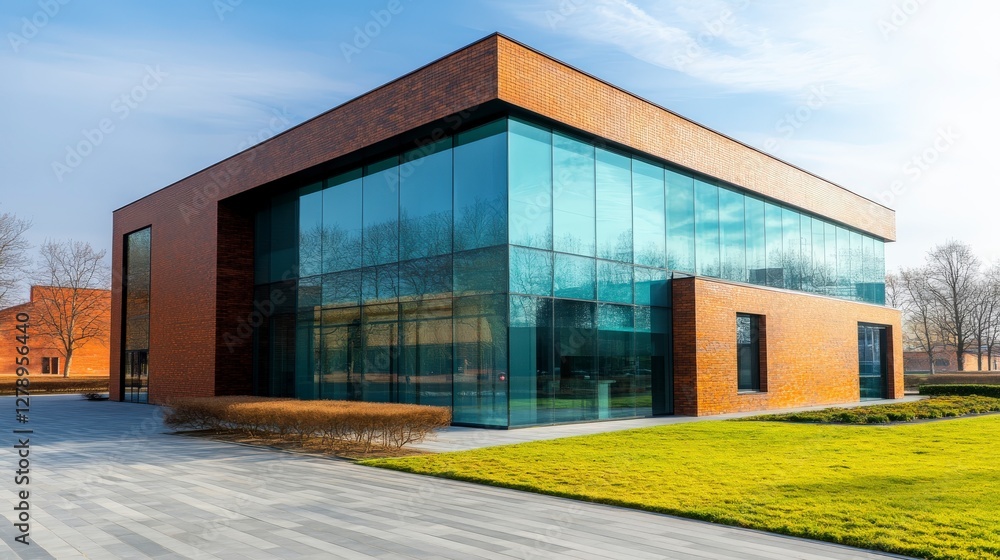 Fototapeta premium Modern Architectural Design with Glass Facade and Brick Wall Surrounded by Green Lawn and Clear Blue Sky