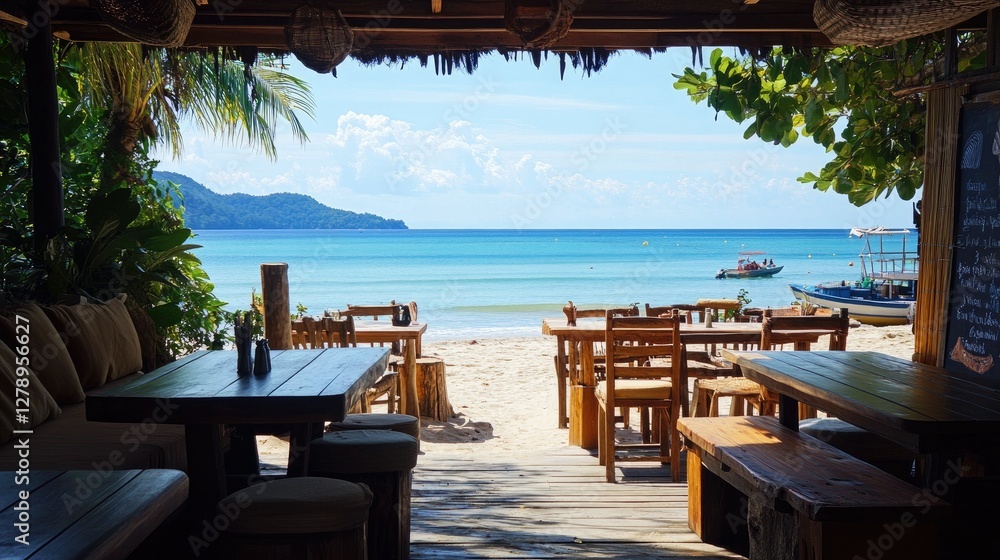 Fototapeta premium A casual yet elegant beach caf with wooden tables and cushioned chairs, with a stunning view of the ocean horizon.