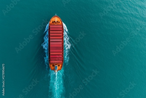 Fototapeta Naklejka Na Ścianę i Meble -  Aerial top down view of a large container cargo ship in motion over open ocean with copy space