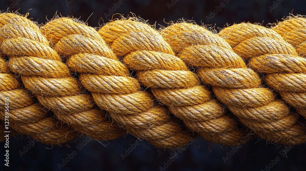 Textured close-up of a twisted yellow rope with natural fibers on a dark background Textured close-up of a twisted yellow rope with natural fibers on a dark background
