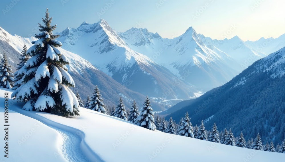 Trees bend under heavy snowfall in the mountains, winter, mountain landscape Trees bend under heavy snowfall in the mountains, winter, mountain landscape