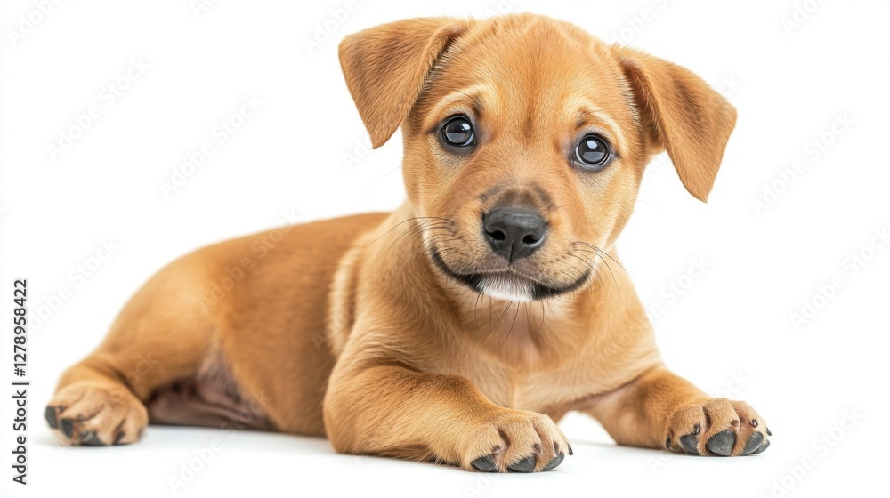 Obraz premium Cute brown puppy laying down with an adorable expression on a clean background.