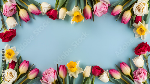 Wallpaper Mural Floral Frame: A vibrant and colorful arrangement of flowers forms a decorative frame, perfect for adding a touch of natural beauty and elegance to any design or message. Torontodigital.ca