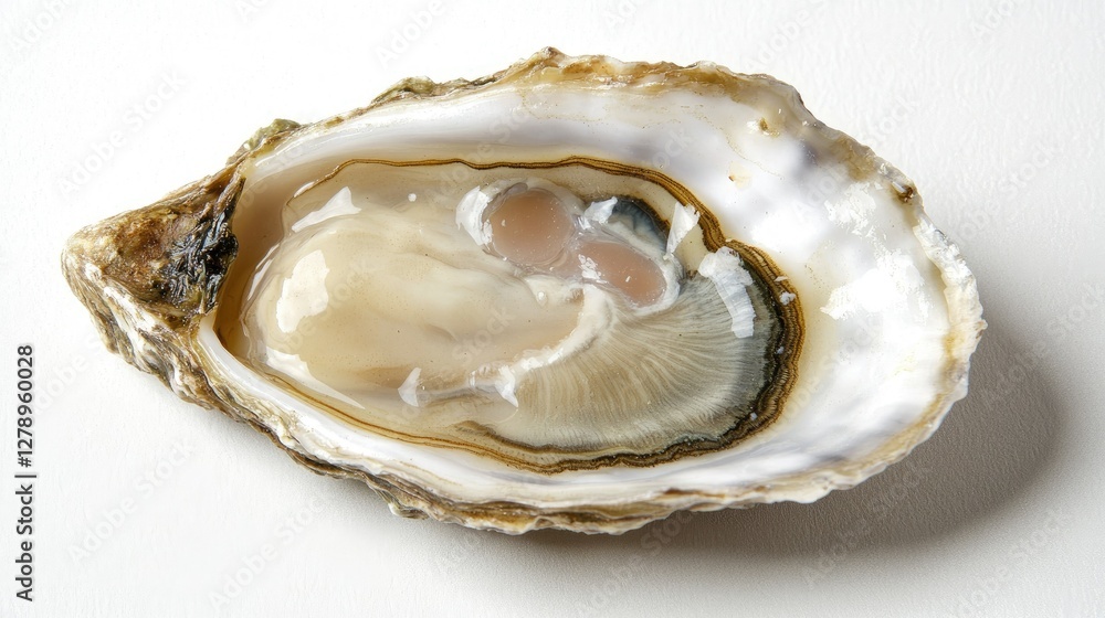 A close-up of a single fresh oyster in its half shell, glistening with natural juices, against a pure white background. A close-up of a single fresh oyster in its half shell, glistening with natural juices, against a pure white background.