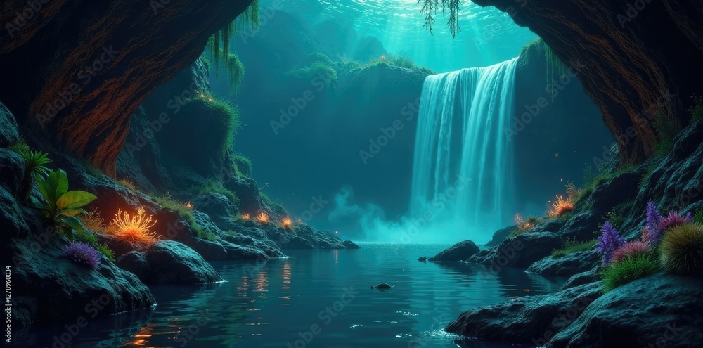 Obraz premium Waterfall with glowing aquatic plants and sunken treasure, glow, ancient, mysterious