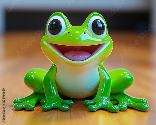 A cheerful toy frog with vibrant green colors and cartoonish features photo