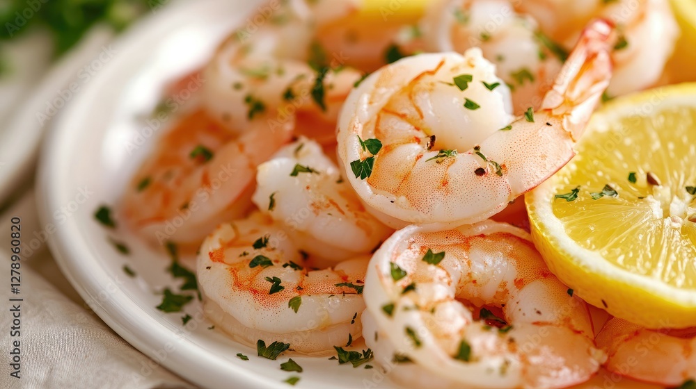 A close-up of fresh shrimp with visible textures, served on a white plate with juicy lemon slices on the side. A close-up of fresh shrimp with visible textures, served on a white plate with juicy lemon slices on the side.
