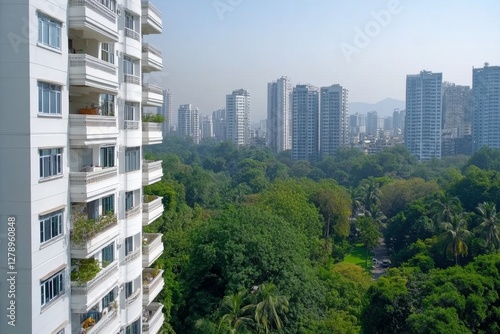Aerial view of Pune city in Maharashtra, India Skyscrapers and modern architecture dominate the skyline Hazy smog fills the atmosphere Trees and greenery amidst the urban landscape