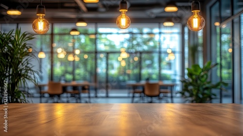 Wallpaper Mural Modern workspace with wooden table, hanging lights, and greenery in an inviting atmosphere. Torontodigital.ca