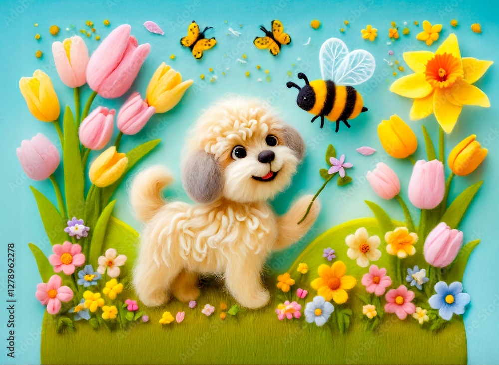 Naklejka premium Felt Dog with Bees and Spring Blossoms