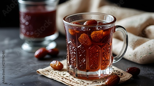 A traditional Ramadan drink made with dates, nuts, and rose water, served in a glass mug photo