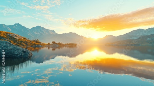 Wallpaper Mural Serene sunrise over calm lake reflecting mountains and clouds. Torontodigital.ca