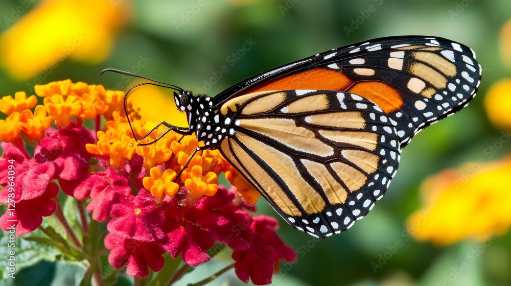 Fototapeta premium Butterfly sucking on a Bright Sunlit Bloom 