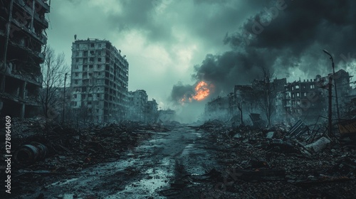 Post Apocalyptic Cityscape with Desolate Street and Burning Debris