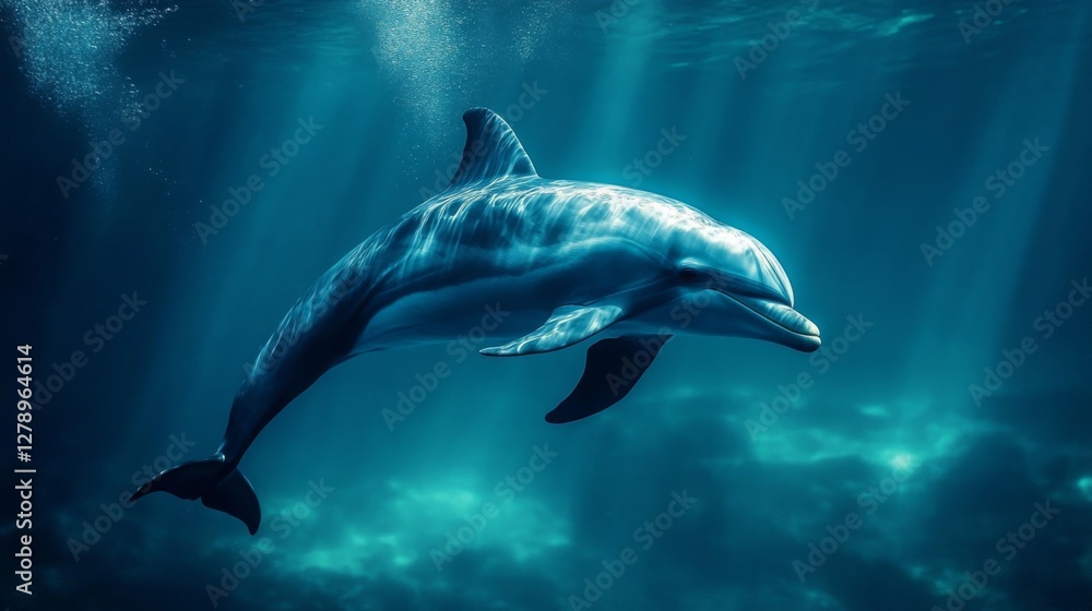 Naklejka premium Graceful Dolphin Swimming Underwater in Dark Blue Ocean