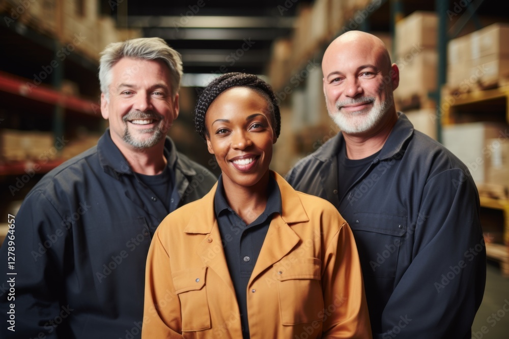 Group portrait of diverse middle aged warehouse workers Group portrait of diverse middle aged warehouse workers