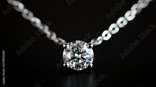 A diamond solitaire pendant on a thin silver chain, photographed in elegant lighting on a black background.