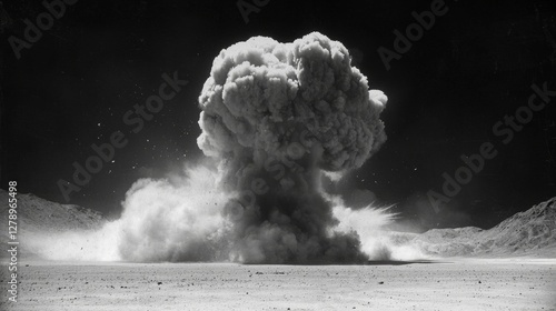 Black and White Nuclear Explosion Mushroom Cloud in Desert Landscape
