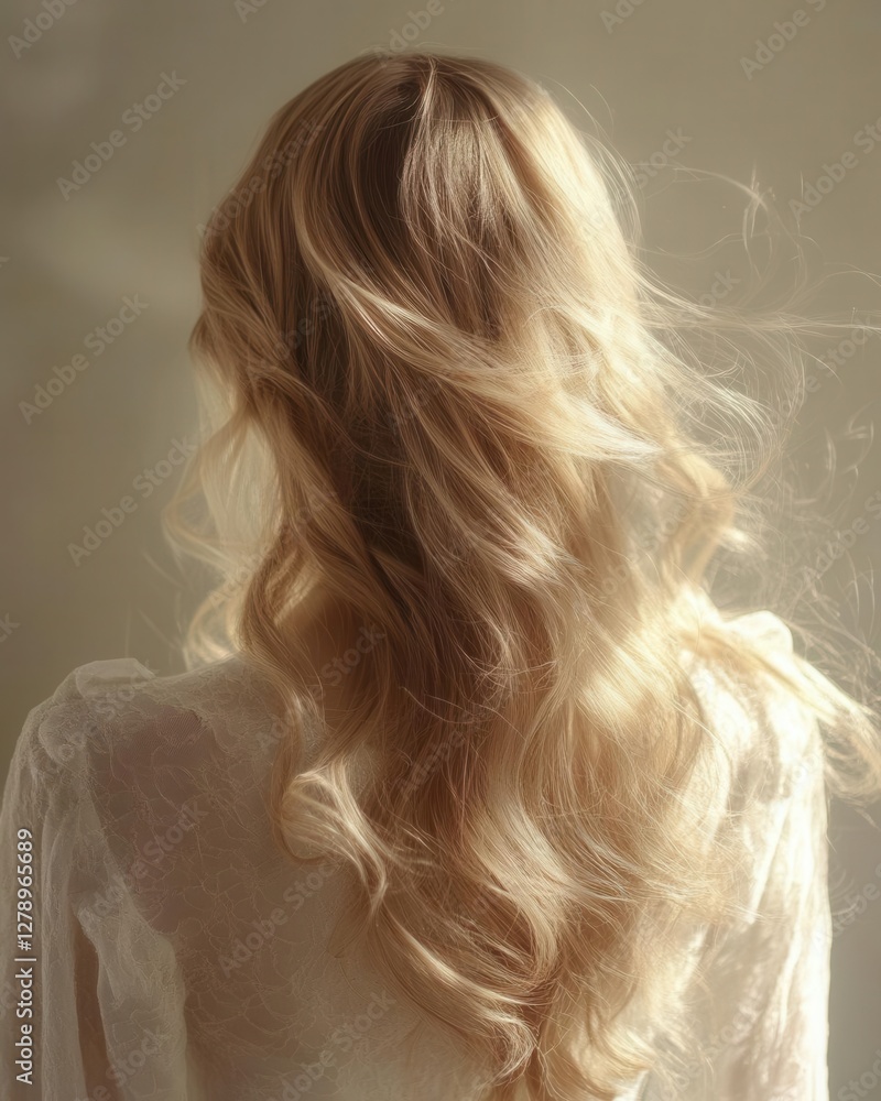 Naklejka premium Elegant Young Woman with Flowing Platinum Blonde Hair in Gentle Breeze Against Soft Natural Light Creating Romantic Atmosphere