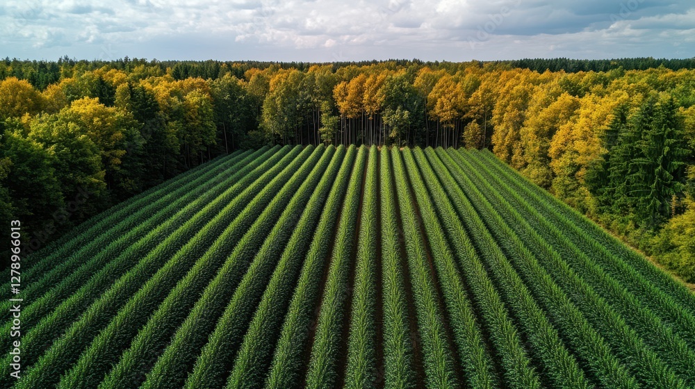 Fototapeta premium Lush field of crops surrounded by trees, showcasing vibrant greenery under a clear sky, illustrating the harmony of agriculture and nature.