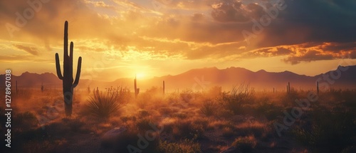 Fototapeta Naklejka Na Ścianę i Meble -  Epic Sunset Over Texas Desert Mountain Range with Dramatic Cloud Formation and Lone Cactus Silhouette