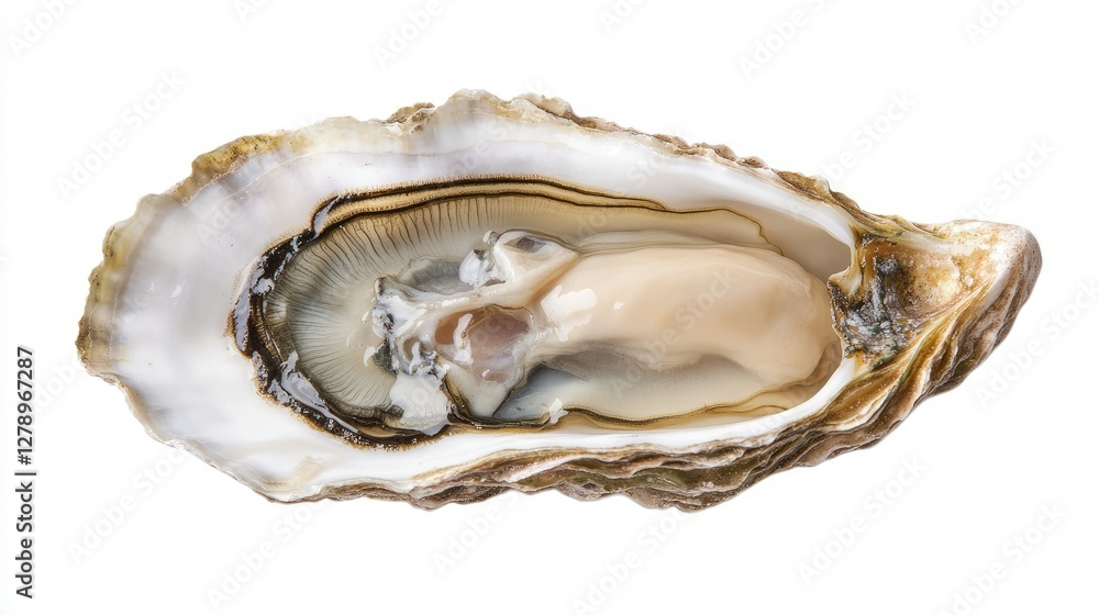 A freshly shucked oyster with intricate shell details and tender meat, isolated sharply against a white background. A freshly shucked oyster with intricate shell details and tender meat, isolated sharply against a white background.