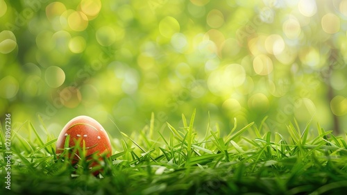 A colorful easter egg is resting in the soft green grass on a sunny day