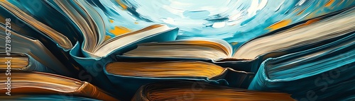Collection of law books, abstract artistic representation of knowledge, profound wisdom symbolized through surreal books, intellectual law imagery, conceptual book design