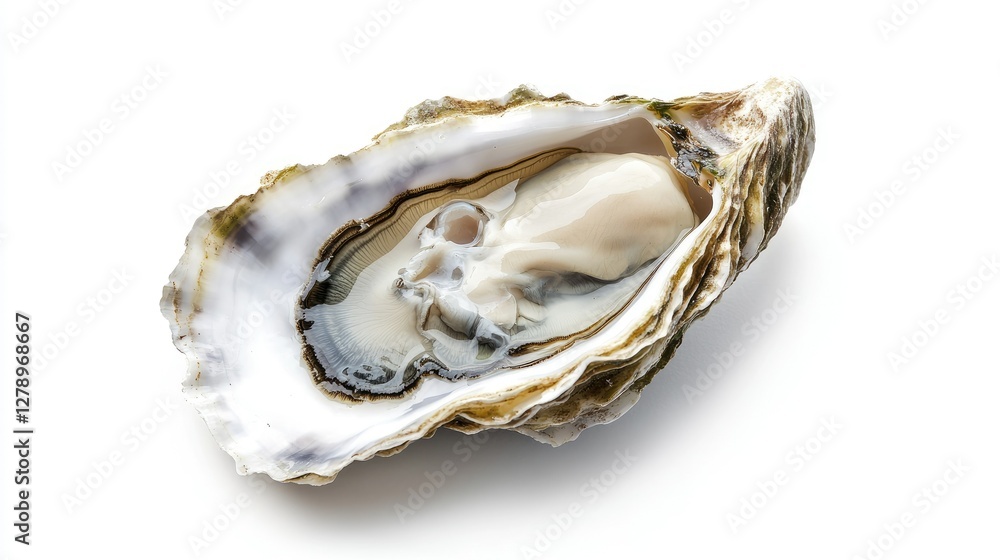 Naklejka premium A fresh, raw oyster served naturally in its shell, with smooth textures and a pearly sheen, isolated on a white background.