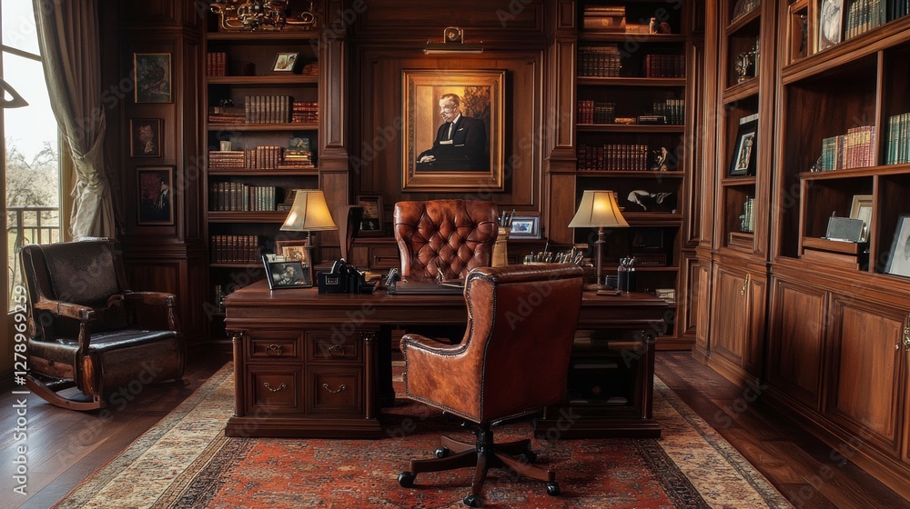 Fototapeta premium Elegant wooden office with a classic desk, bookshelves, and a portrait in a serene setting