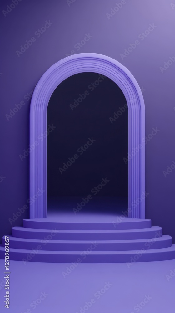 Elegant purple architectural display featuring an arched entrance with steps, creating a modern stage Elegant purple architectural display featuring an arched entrance with steps, creating a modern stage