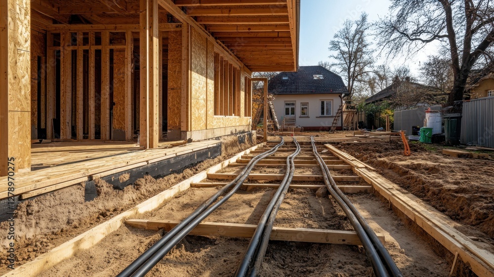 A house under construction with visible underground plumbing pipes laid out in the foundation A house under construction with visible underground plumbing pipes laid out in the foundation