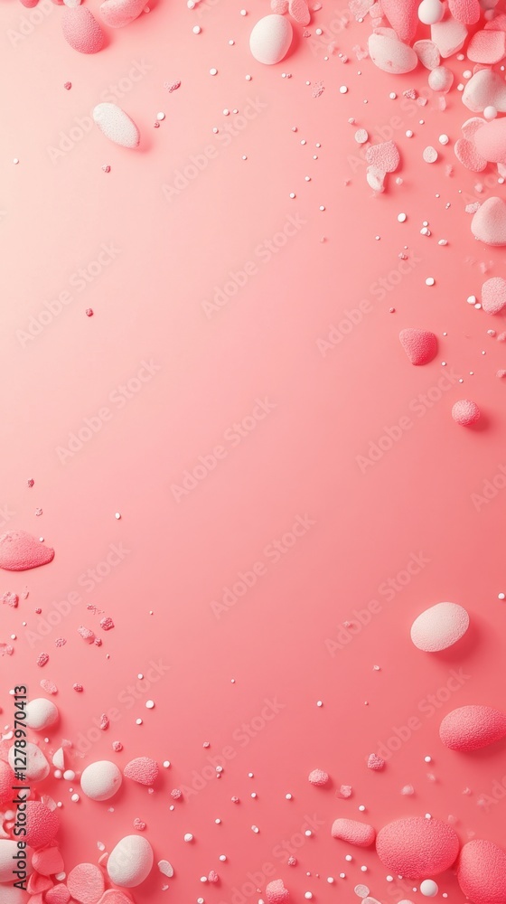 Coral-hued background with scattered soft shapes and tiny spheres in pink and white shades