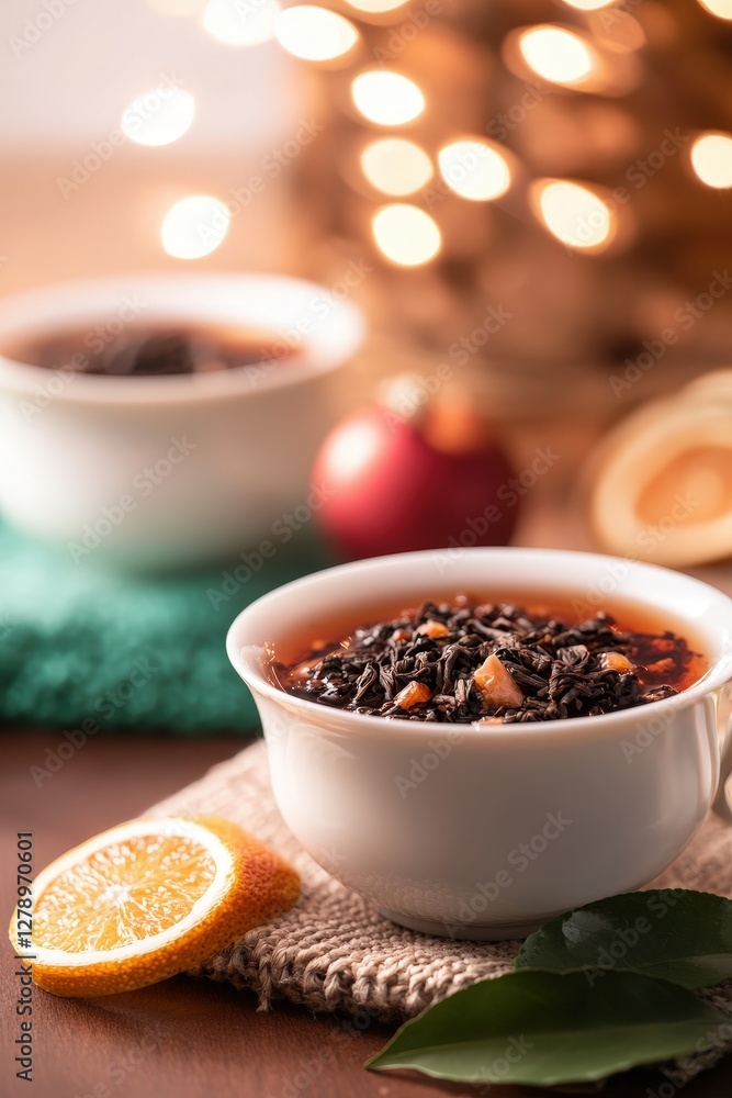 Aromatic Fruit Tea in White Cups Cozy Festive Winter Setting with Citrus Aromatic Fruit Tea in White Cups Cozy Festive Winter Setting with Citrus