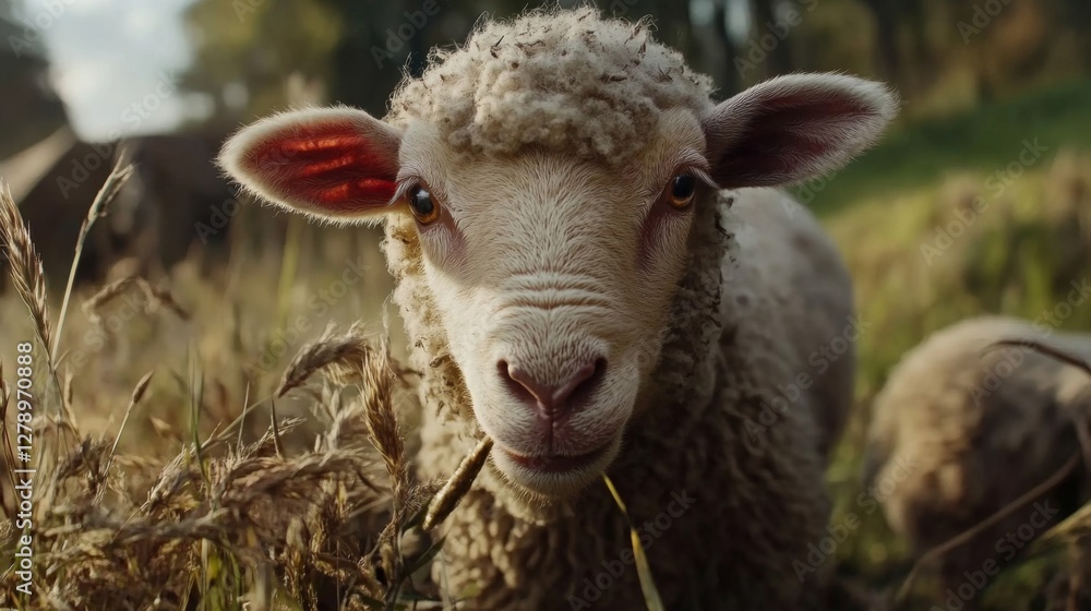 Closeup Portrait of a Fluffy White Lamb in a Grassy Field Closeup Portrait of a Fluffy White Lamb in a Grassy Field