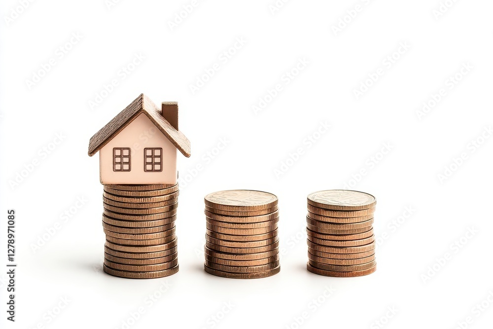 Financial Planning Concept with House Model and Growing Stack of Coins Representing Property Investment and Savings Goals Financial Planning Concept with House Model and Growing Stack of Coins Representing Property Investment and Savings Goals