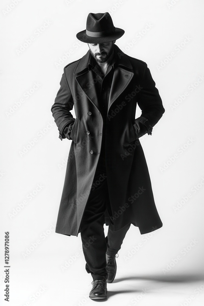 Film Noir Detective Figure in Classic Trench Coat Walking Away on Clean White Background for Mystery and Crime Themes Film Noir Detective Figure in Classic Trench Coat Walking Away on Clean White Background for Mystery and Crime Themes