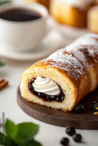 Delicious Sweet Roll Pastry with Cream and Berry Filling Close up Food Photography