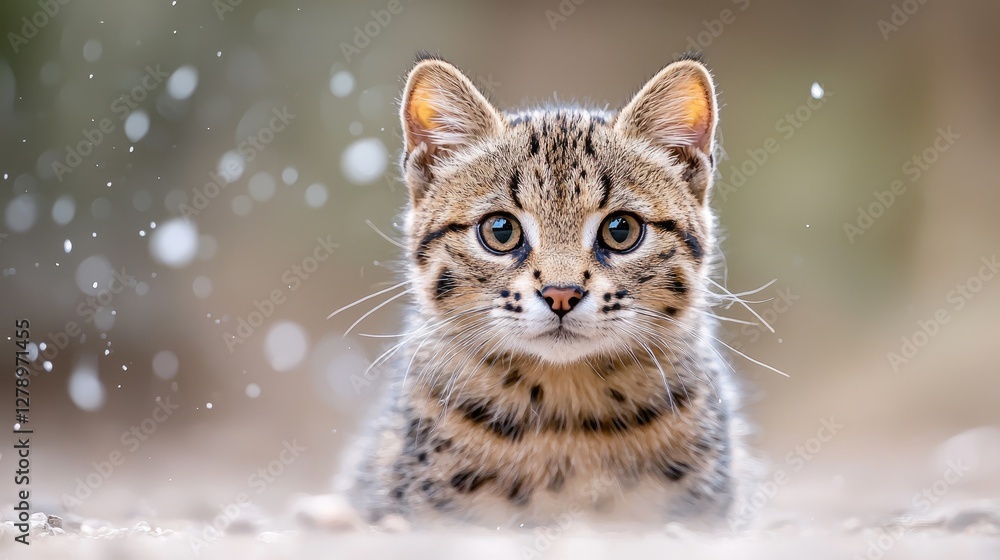Cute black-footed cat kitten outdoors, bokeh background, pet portrait Cute black-footed cat kitten outdoors, bokeh background, pet portrait
