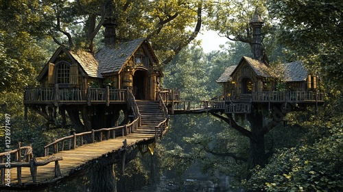 Magical Treehouses Connected By Wooden Bridges Amidst Lush Greenery, Evoking Fantasy And Adventure.