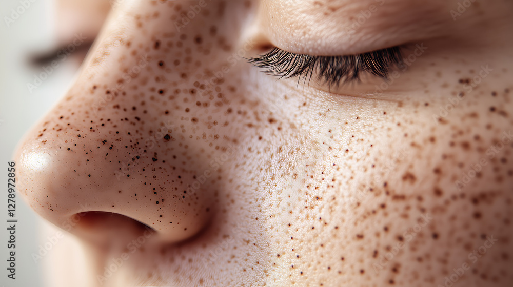 Fototapeta premium Freckled Beauty: A close-up shot captures the unique beauty of skin adorned with freckles, highlighting natural features and individuality.