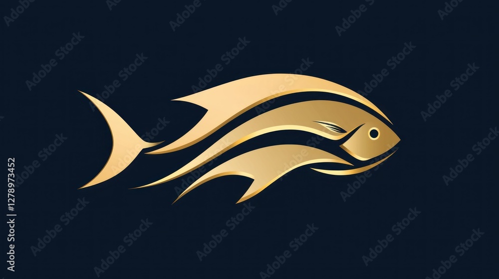 Fototapeta premium A sleek, modern seafood logo designed for a high-end restaurant, featuring abstract fish shapes and gold accents.