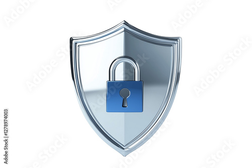 3D render of a metallic shield with a blue padlock icon  on Transparent PNG format Background. 