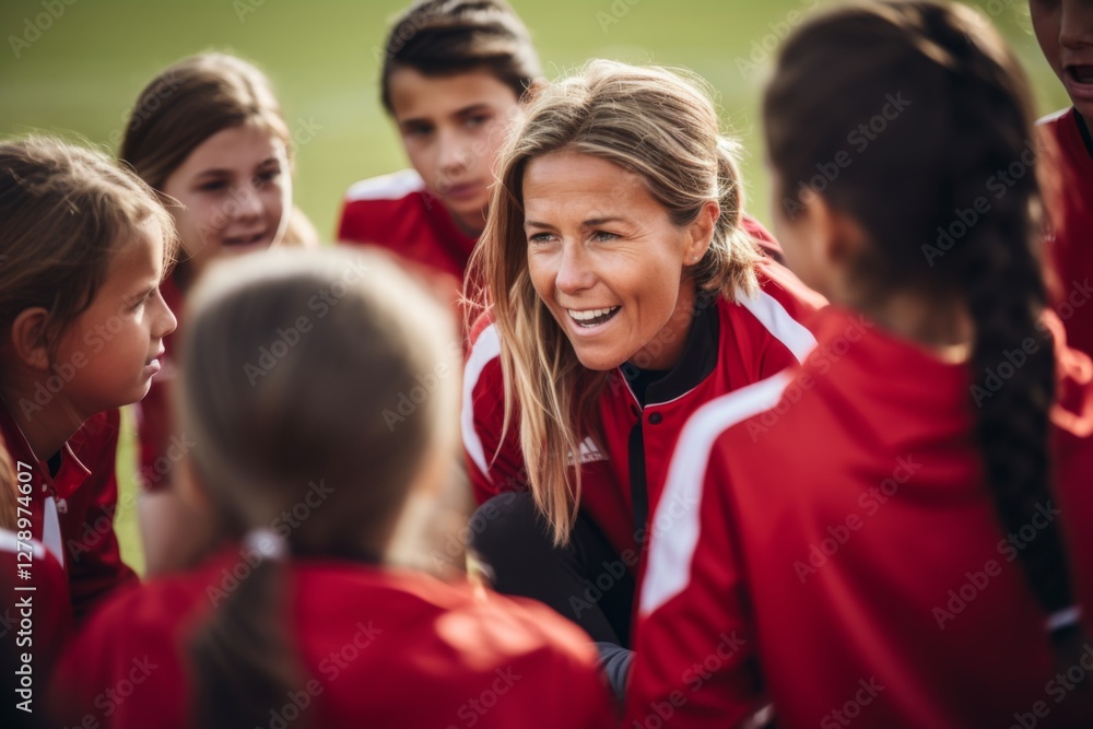 Female soccer coach in huddle talking to team Female soccer coach in huddle talking to team